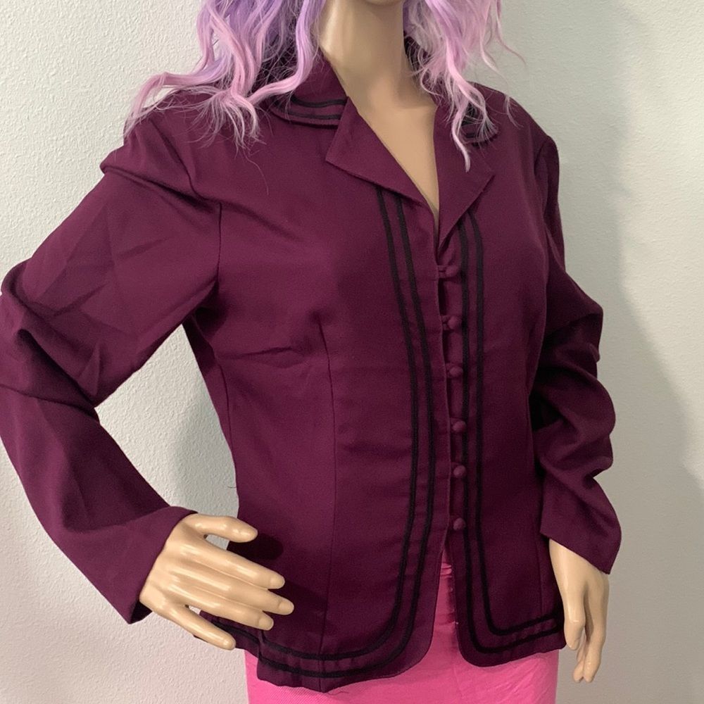 Vintage Granite Plum Fitted Jacket with Black Trim on Front & Collar Size 10